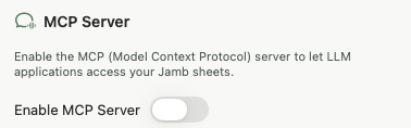 Jamb settings card showing the MCP Server toggle